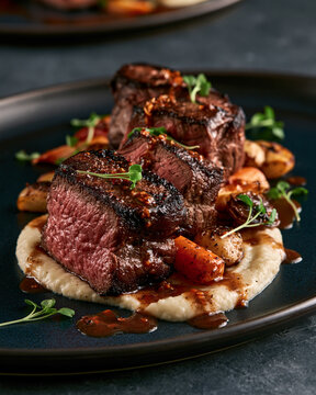 Exquisite fine dining venison loin with red wine reduction, root vegetable pur&eacute;e and elegant gourmet presentation.
