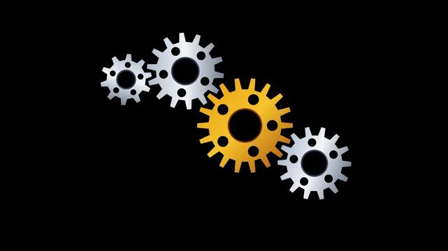 Animated Interlocking Industrial Gears Mechanism on Black Background