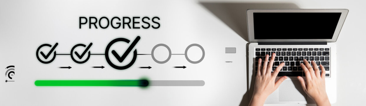 Modern Workspace with Laptop and Progress Indicator Graphic Demonstrating Productivity and Task Completion in a Minimalist Setup. Bitwise.