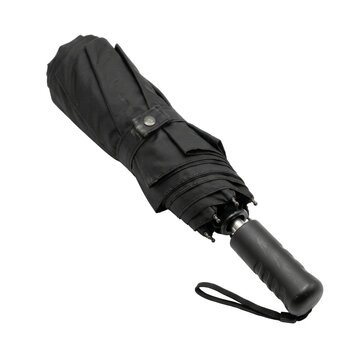 Closed black umbrella with handle and wrist strap