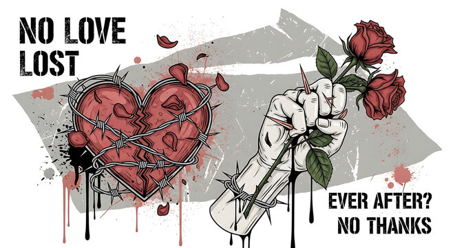 Conceptual illustration of a broken heart wrapped in barbed wire and a hand holding roses.