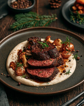 Luxury wild boar fillet with forest mushrooms, parsnip pur&eacute;e and aromatic herbs in an elegant fine dining presentation.