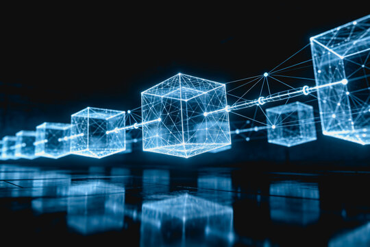 A wireframe blockchain network with glowing digital cubes connected by data lines, displayed on a reflective dark surface.