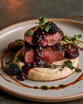Elegant roe deer loin with berry sauce, root vegetable pur&eacute;e and contemporary fine dining presentation.