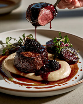 Elegant roe deer loin with berry sauce, root vegetable pur&eacute;e and contemporary fine dining presentation.