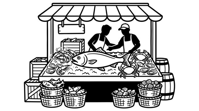 Seafood market stall vector illustration with fish and silhouettes