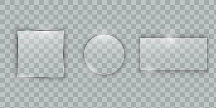 Glass plates set. Vector glass banners on transparent background.