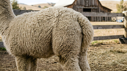 Naklejka premium Close-up of alpaca on rural farm with rustic barn background