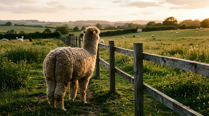 Naklejka premium Alpaca standing in a serene rural landscape at sunset