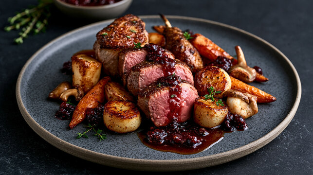 Luxury gourmet platter combining venison, wild boar and pheasant with forest-inspired vegetables and sauces.