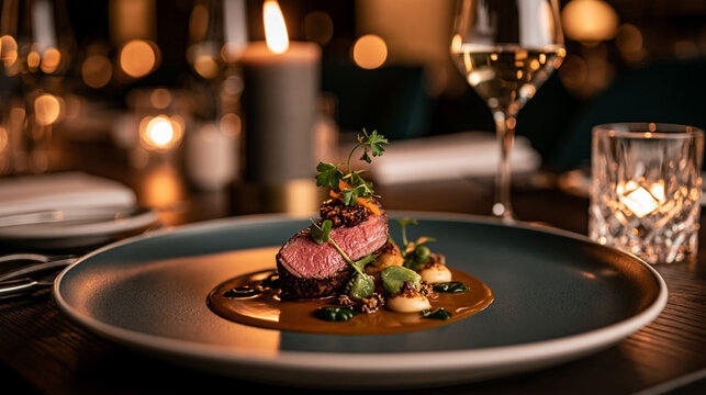 Luxury restaurant setting featuring an elegant venison dish and sophisticated European fine dining atmosphere.