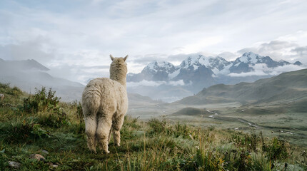 Fototapeta premium Alpaca standing in misty mountain landscape with cloudy sky