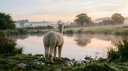 Fototapeta premium Alpaca standing by a tranquil lake at sunrise in rural landscape