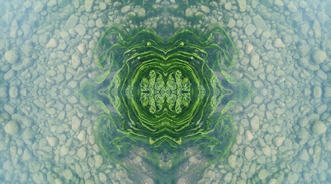 Symmetrical Abstract Pattern of Underwater Plants and Pebbles.