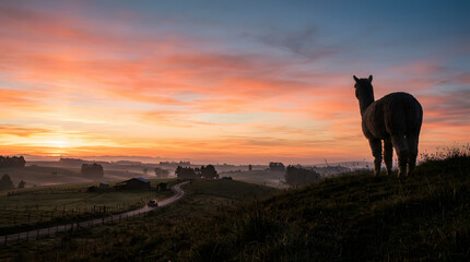 Fototapeta premium Silhouette of a llama at sunrise in a peaceful rural landscape