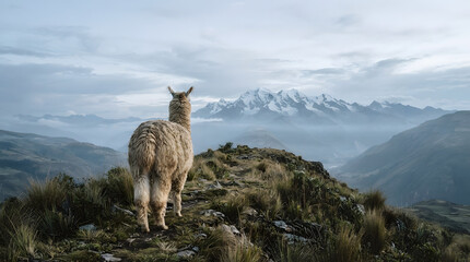 Naklejka premium Llama standing on mountain ridge overlooking misty Andean peaks