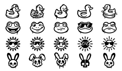Obraz premium Graffiti street icon set with duck float, frog face, sunglasses sun and skull bunny spray paint character symbols