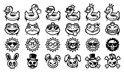 Naklejka premium Graffiti sticker icon set with duck, frog, sun and skull rabbit characters wearing crown, hat and sunglasses spray paint style