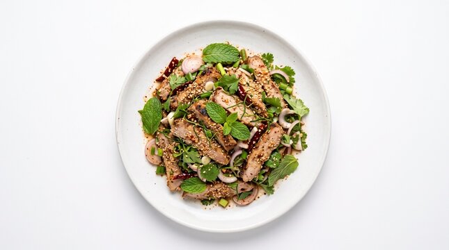 Spicy grilled pork salad with fresh herbs and shallots on a white plate, Lao larb style