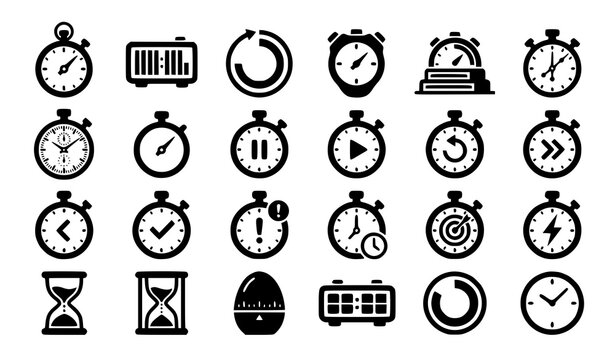 Chronometer stopwatch icon set with hourglass, alarm clock, egg timer, pause, play and progress indicator symbols in flat design