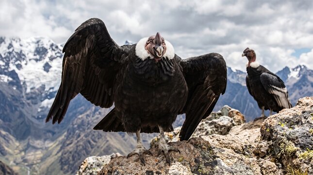 Majestic Andean condors perched on rocky mountain landscape
