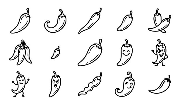 Cute chili pepper doodle icon set with happy cartoon character sketches, spicy vegetable hand drawn line art collection