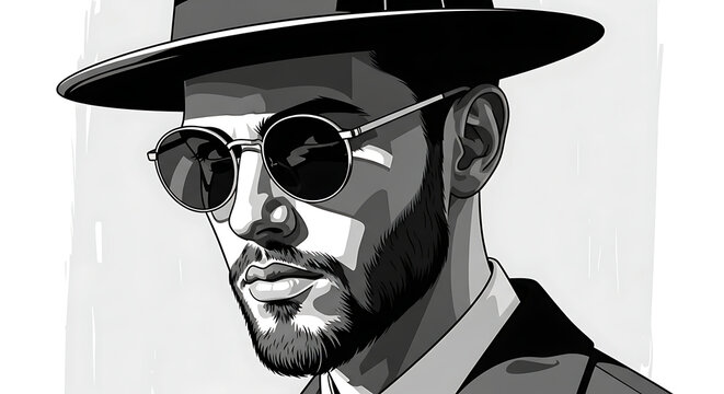 Stylish man with beard wearing a fedora hat and round sunglasses.