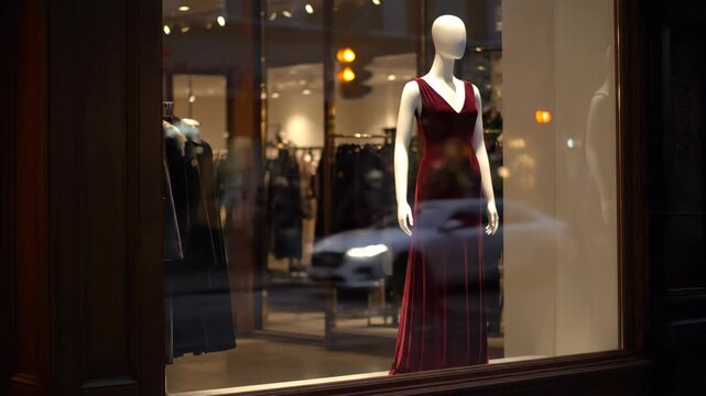Elegant mannequin in boutique window with warm evening lights