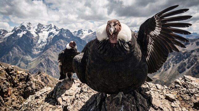 Majestic Andean condors perched on rocky mountain landscape