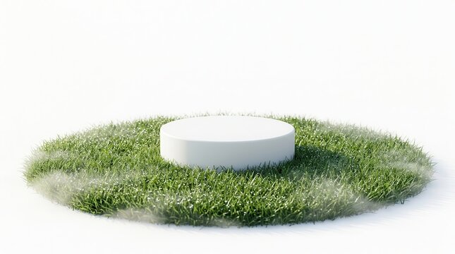 White cylinder platform standing on fresh green grass with dew