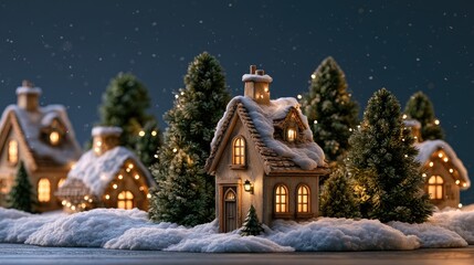 Fototapeta premium Cozy Snowy Village Scene with Festive Holiday Decor and Glittering Lights at Night