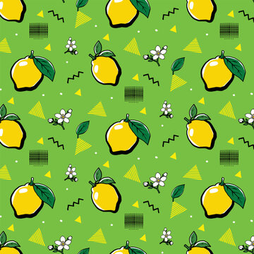 Lemon pattern with yellow citrus, green background, leaves, white flowers, triangles, zigzags, grids, and dots&mdash;bright, playful artwork for textiles, wallpaper, packaging, and stationery.