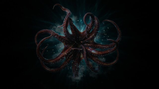Mysterious deep sea creature with glowing tentacles in dark waters.