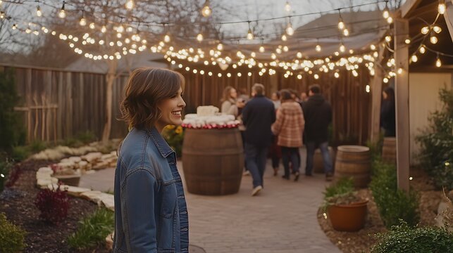 Outdoor party celebration.  Woman enjoying backyard gathering
