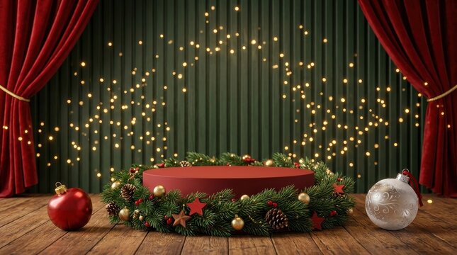 Red circular pedestal decorated with festive pine wreath and stage curtains