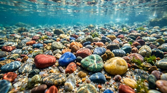 Underwater view of colorful pebbles and clear water in a riverbed.