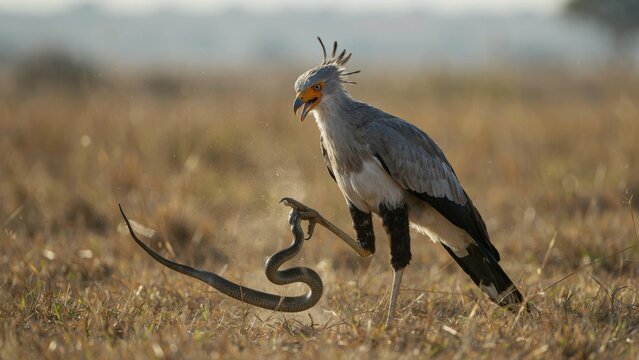 Secretary bird hunting a snake in the dry African savannah grassland.