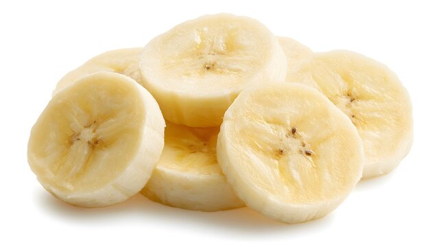 Fresh banana slices isolated on white background, ripe yellow fruit pieces arranged in a small pile, healthy natural snack ingredient for nutrition, breakfast, smoothie and food concepts
