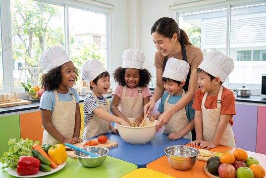Group of Happy Children Learning Cooking Skills with Teacher in Kitchen
