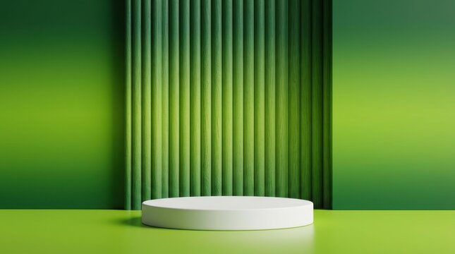 Empty white cylindrical podium featuring a vibrant green textured wooden backdrop