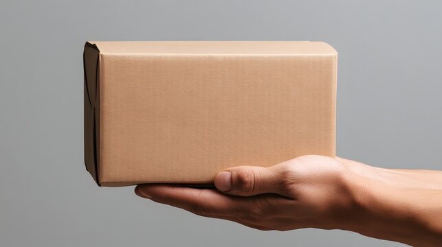 Hand holding a plain cardboard shipping box against neutral background, minimal parcel delivery concept for ecommerce, online shopping, logistics, packaging, shipping service and product fulfillment