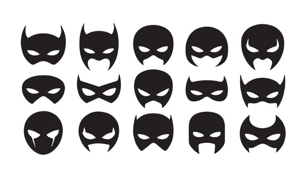 Supervillain and hero mask black silhouettes collection for cosplay costumes masquerade party and comics.