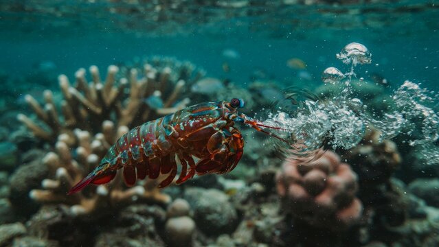A vibrant red dragonfish swims near colorful coral reefs in the ocean.