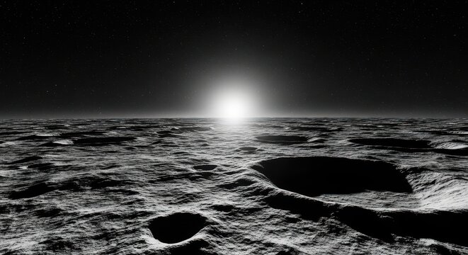 A distant star illuminates the rugged cratered surface of an alien world