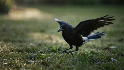 Naklejka premium Black bird touching down on grassy field.