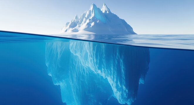 Majestic iceberg emerges from deep blue ocean showing underwater ice formations