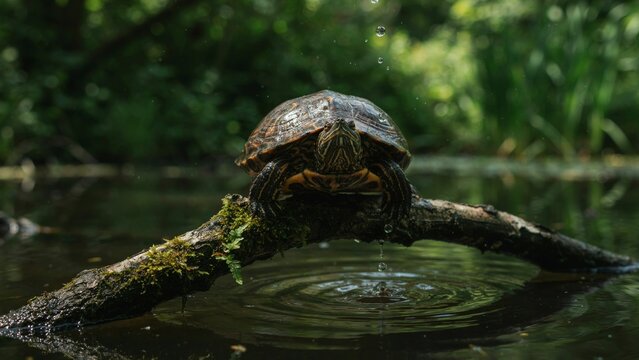 A small turtle perched on a mossy branch over calm water in a lush green forest.