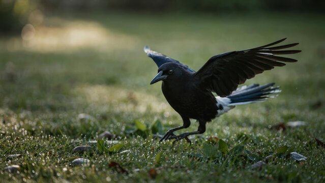 Black bird touching down on grassy field.