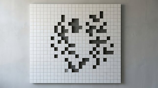 Modern white grid wall art with geometric pixelated cutouts on a grey background