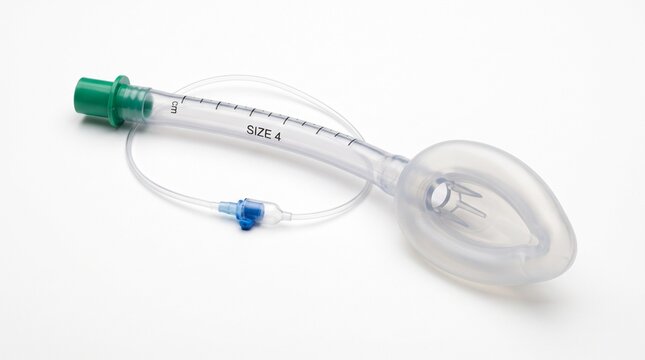Medical laryngeal mask airway LMA for anesthesia and respiratory support on white background.